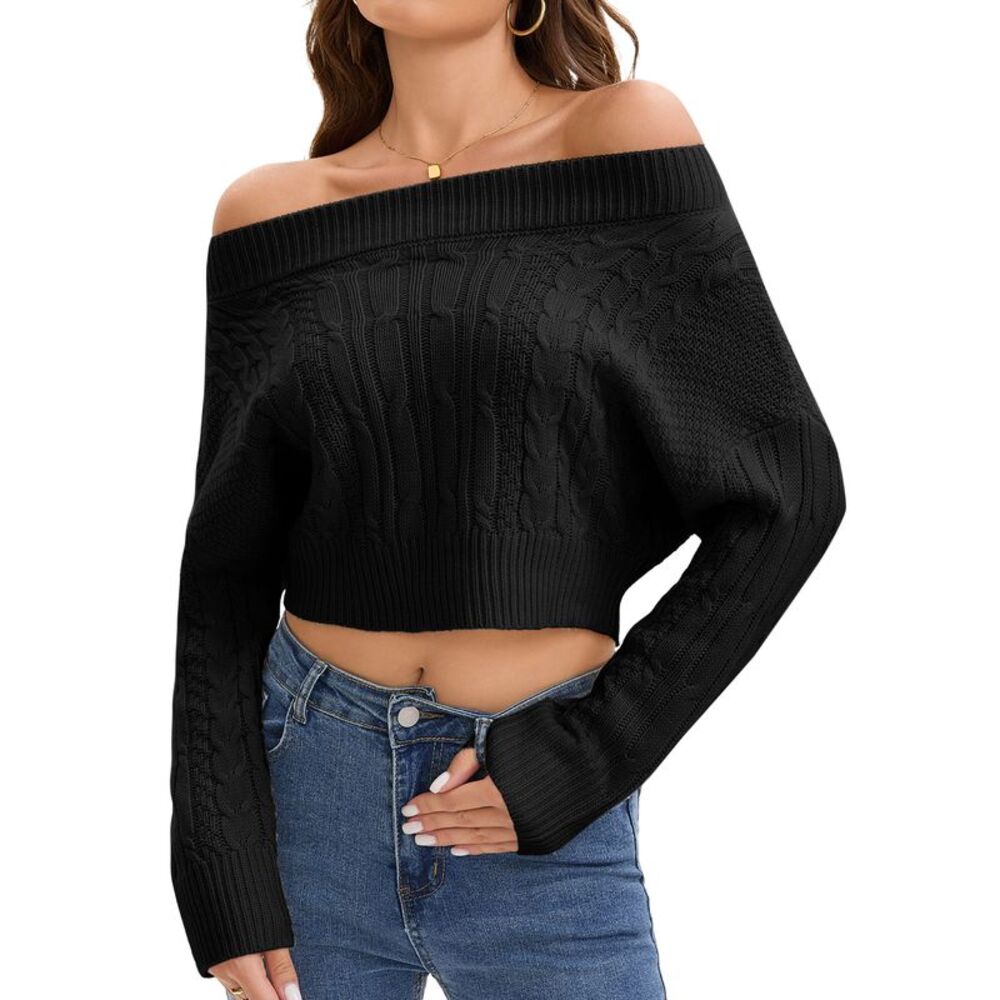 Womens Fall Knit Off Shoulder Batwing Sleeve Cropped Sweater Top Black
